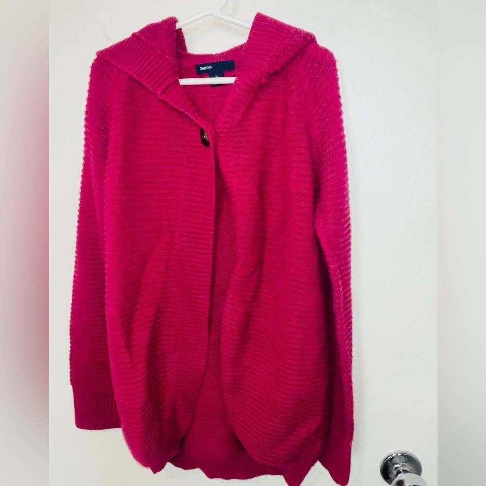 GapKids cozy hooded shawl style cardigan pink buttons long chunky knit sweater L